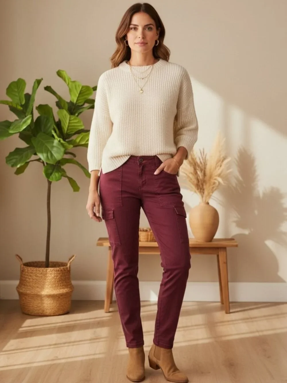 Pilcro Anthropologie Pants Size 12 Wine Red Cargo Stretch Utility Jeans - Picture 2 of 12